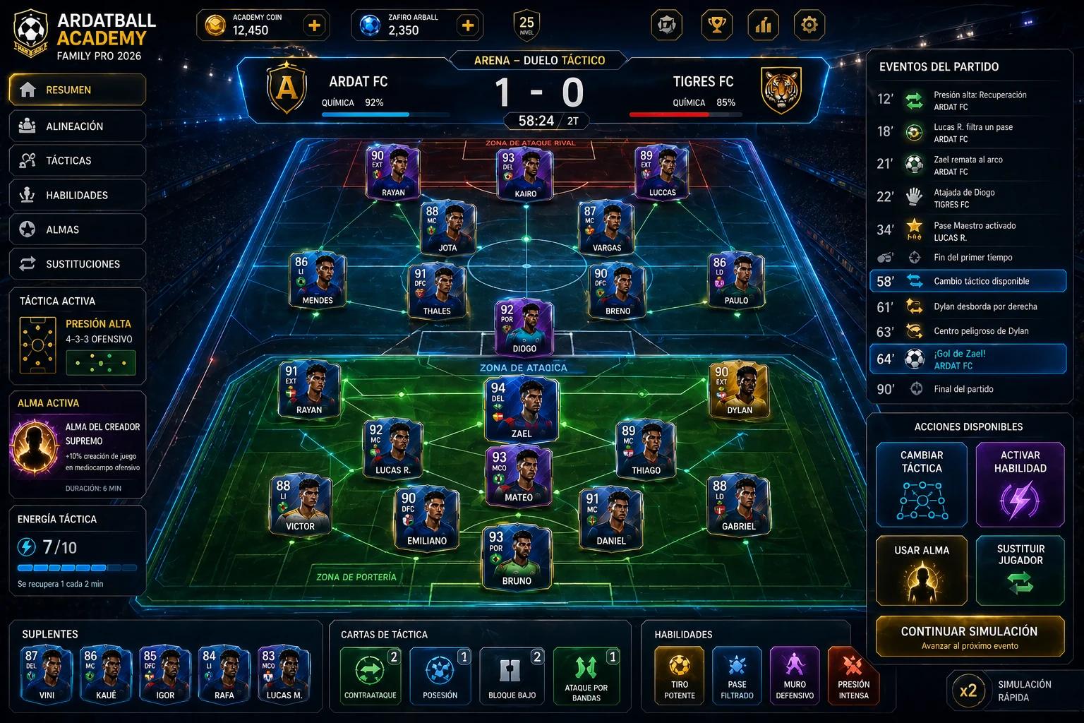 Interfaz conceptual de Arena táctica de ARDATBALL Academy